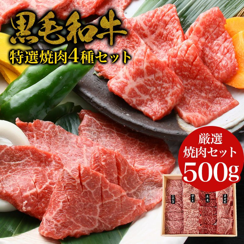 焼肉4種の盛合わせ】黒毛和牛 ・特選焼肉 4種セット 500g・ ロース